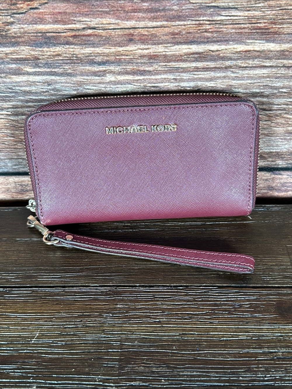 Michael Kors Saffiano Wristlet Wallet in Wine